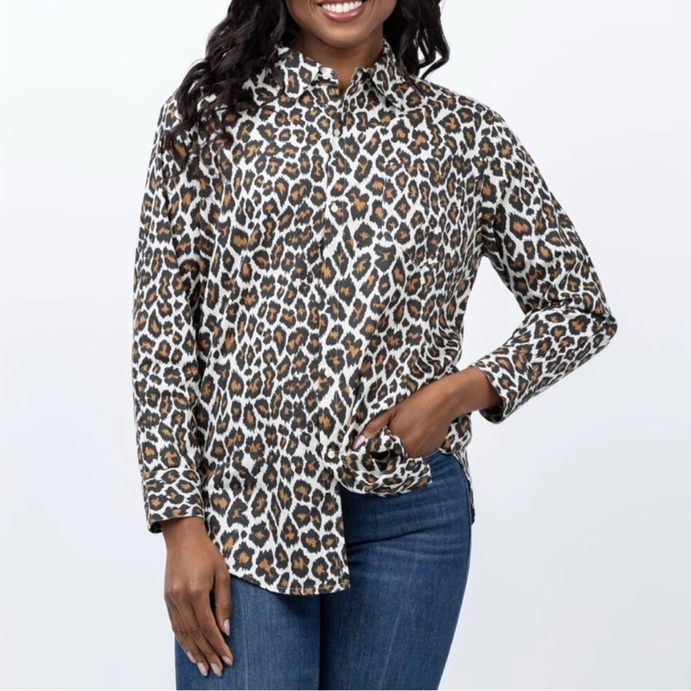 THE GREAT Heritage Leopard Post Top Button Front Sz 3/ L White Black Brown - Picture 12 of 12